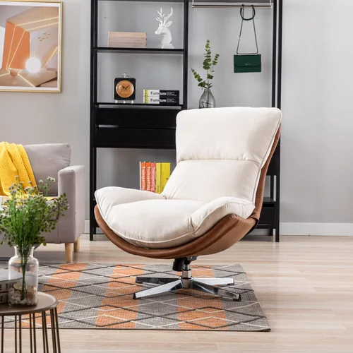 Vista 3 de HEAH-YO Silla giratoria decorativa, moderna silla de sala de estar con respaldo, silla de lectura tapizada de tela de lino sin brazos para Beige