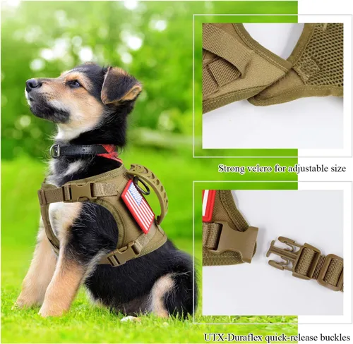 Vista 4 de Chaleco táctico de servicio para perro, K9 ajustable militar de trabajo, resistente al agua, cómodo chaleco para perro MOLLE con asa (XS, caqui)