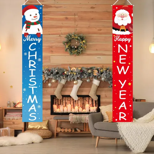 Vista 3 de Decoraciones de Navidad Feliz Año Nuevo Decoraciones Feliz Navidad Muñeco de Nieve Santa Claus Banner de Navidad Cartel de Porche de Puerta