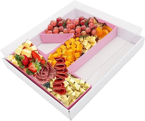 Vista 52 de Bandeja de papel rellenable de 12.5 pulgadas con números y letras de cartón, tablero de charcutería, bandeja para cupcakes dulces, caja decorativa