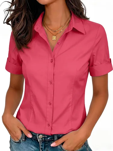 Vista 12 de siliteelon Camisas de vestir de manga corta con botones para mujer, camisas de algodón con botones para mujer, blusa ajustada de manga 3/4 Beige