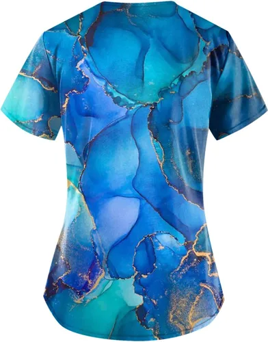 Vista 2 de Camiseta de uniforme de trabajo con estampado degradado elástico para mujer, manga corta, para verano, 2024