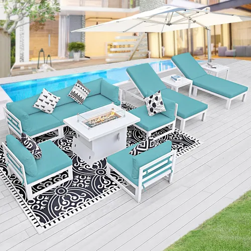 Vista 36 de BULEXYARD - Sofá modular de aluminio para exteriores con mesa para fogata, 7 piezas, color verde azulado