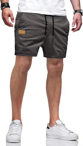 Vista 10 de JMIERR Pantalones cortos casuales de algodón con cordón de verano para la playa de sarga elástica chino golf corto con bolsillos Beige