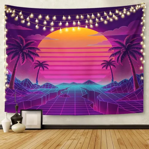 Vista 5 de TOMPOP Tapiz retro futurista de neón paisaje de los años 80 digital Cyber 80S Party Sci Decoración del hogar para colgar en la pared para sala