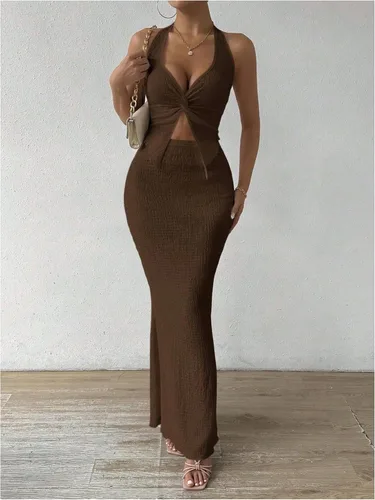 Vista 5 de SOLY HUX - Conjunto de dos piezas de verano para mujer, con parte superior tipo camisola con cuello halter, nudo frontal y falda marrón (Plain Brown)