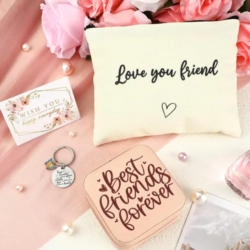 Vista 2 de Tondiamo 4 piezas de regalos de Navidad para mujeres, incluye estuche de joyería de viaje, bolsa de maquillaje, llavero, tarjeta de felicitación