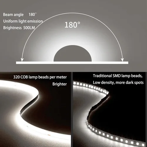 Vista 2 de MDee】Tira de luces LED COB de 3000K blanco cálido 1.64 pies/0.5m 5V cinta de luces LED flexibles CRI 90+ 800LM/m 320LEDs/m para decoración