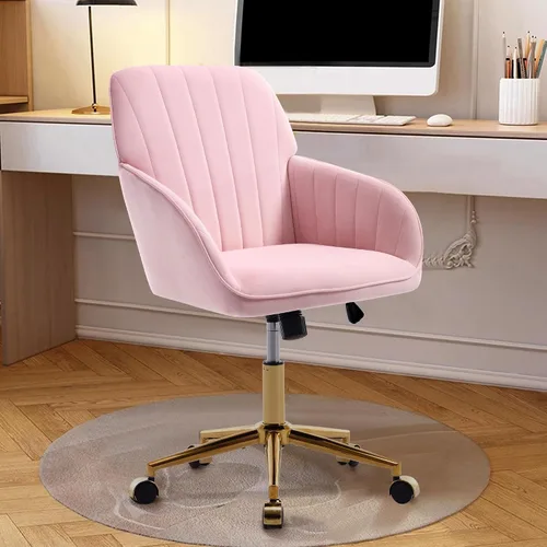 Vista 13 de Bonita silla de tocador beige con ruedas, silla de escritorio de oficina cómoda sin brazos de terciopelo para el hogar, silla giratoria