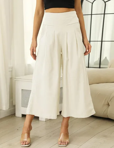 Vista 7 de Hooever Pantalones culottes de algodón y lino para mujer, cintura elástica, pierna ancha, pantalones capri