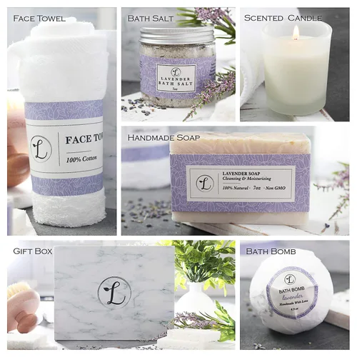 Vista 3 de Set de regalo de spa 100% natural, caja de regalo incluye: bomba de baño, sal de baño, jabón de manos, vela perfumada, paño facial y caja de regalo.