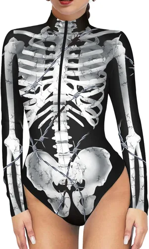 Vista 14 de Enterizo de esqueleto para mujer, con cremallera, traje sexy de una pieza para Halloween Esqueleto 3D