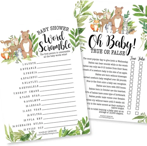 Vista 3 de Hadley Designs 25 palabras del bosque Scramble para baby shower, 25 juegos verdaderos o falsos, 25 juegos de animales de bebé, 25 juegos de rimas