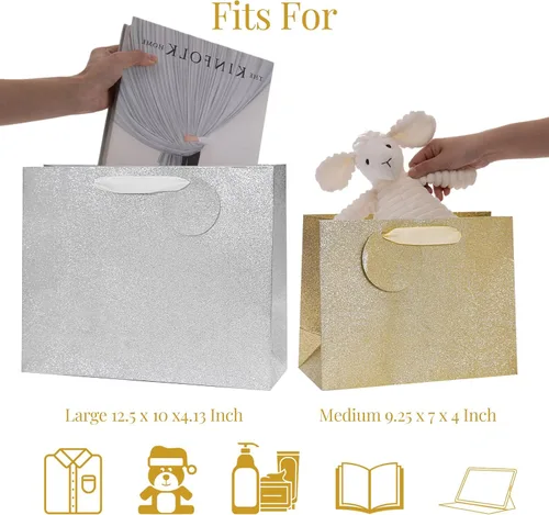 Vista 7 de PAPER FAIR 12 piezas surtidas de bolsas de regalo metálicas doradas plateadas con purpurina a granel con etiqueta, tamaño L 12.5' M 9
