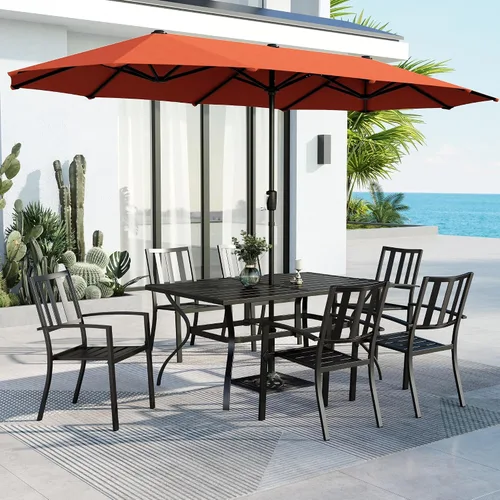 Vista 40 de MFSTUDIO Juego de mesa de comedor para patio al aire libre con paraguas, 4 sillas giratorias y 1 x 37 cuadrado Bistro forjado Iorn Slat mesa grande