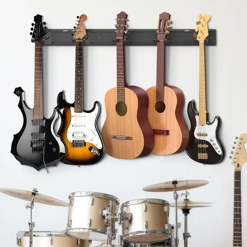 Vista 8 de LEKATO Soporte de pared para guitarra para múltiples guitarras, 5 perchas ajustables, soporte de pared para guitarra, clips fijos, soporte