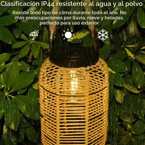 Vista 5 de Livinlarge Linterna Solar para Exterior Colgante, Gran Linterna Solar de Ratán para Exterior Impermeable con Mango de Cuerda, Linternas Brillantes