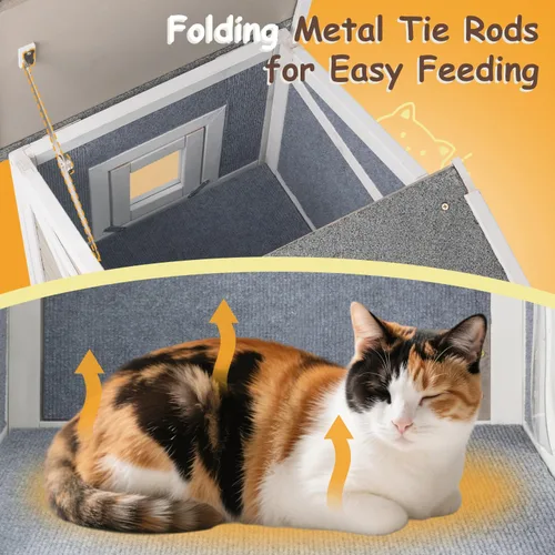 Vista 6 de Casa para gatos al aire libre para el verano: refugio de madera elevado con ventilación, puerta de escape, techo abierto, refugio al aire libre