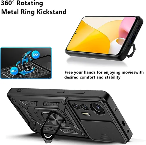 Vista 4 de Funda de teléfono celular para Xiaomi Redmi Note 12S, protección resistente con cubierta deslizante para cámara, soporte giratorio de metal de 360°
