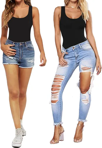 Vista 4 de MANGOPOP Women's Round Neck Sleeveless T Shirt Tank Top Bodysuits Jumpsuits