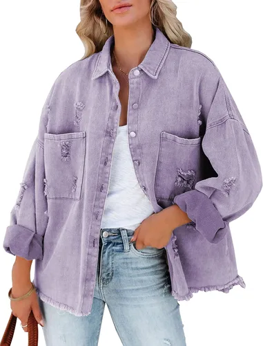 Vista 2 de Lumister Chaqueta de mezclilla de gran tamaño para mujer, suave, ligera, desgastada, con flecos rasgados, manga larga, chaqueta de mezclilla