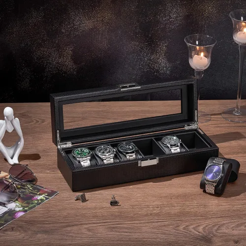 Vista 4 de BEWISHOME Caja de reloj para hombres Organizador de reloj con 6 ranuras, funda de reloj, diseño de fibra de carbono, parte superior de vidrio real