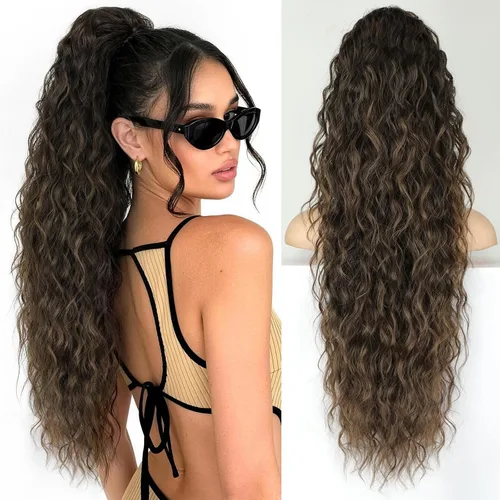 Vista 27 de KooKaStyle Extensión de cola de caballo con cordón de 26 pulgadas (66 cm) para mujeres, extensiones de cabello sintético rizado largo para uso