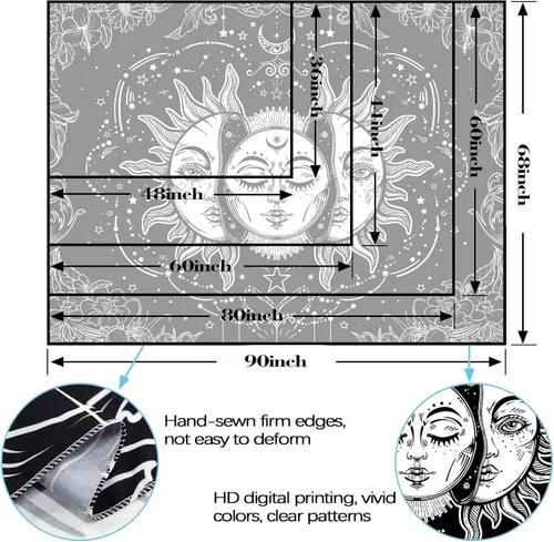 Vista 7 de Lifeella - Tapiz de sol y luna en blanco y negro, tapiz de sol ardiente, estético, místico, para colgar en la pared, decoración de dormitorio