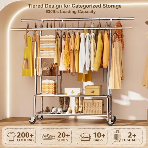 Vista 4 de Perchero resistente con ruedas para colgar ropa 4-Tier Shelves, Extendable Rod, Stainless Steel, Rolling Clothing Rack, Garment Rack Load Over 630