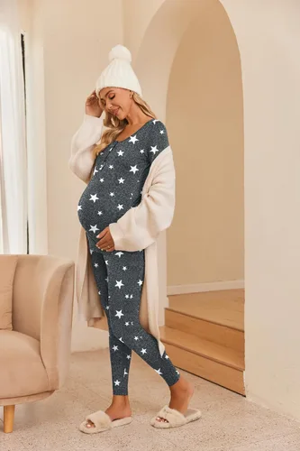 Vista 3 de Ekouaer Ropa interior térmica con botones para mujer, pijama de maternidad con forro polar de microfibra, conjunto de pijamas de invierno largo