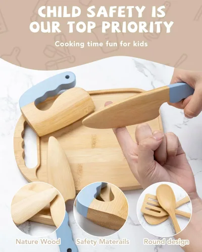 Vista 3 de Juego de cocina Montessori de madera para niños, herramientas de cocina reales y utensilios para hornear, kit de cocina de 15 piezas para niños