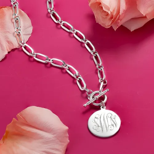 Vista 2 de Ross-Simons Italian Sterling Silver Personalized Paper Clip Link Disc Toggle Necklace