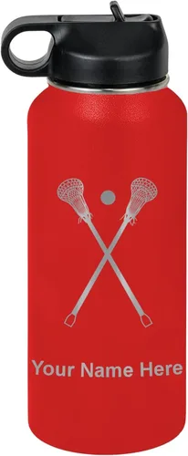 Vista 32 de LaserGram Botella de agua personalizada, palitos de lacrosse, acero inoxidable de doble pared aislada al vacío con popote superior, regalo grabado