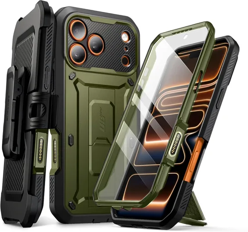 Vista 13 de SUPCASE - Funda para iPhone 17 Pro Max con función atril y protector de pantalla, color negro Built-in Camera Control Button, Detachable Belt