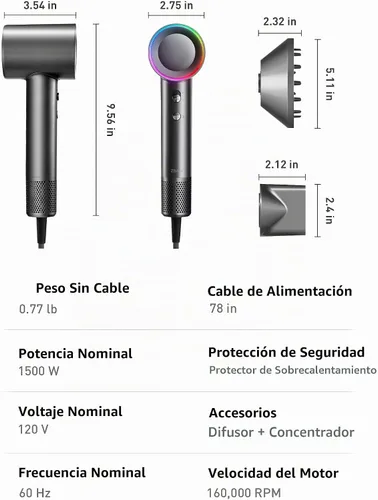 Vista 8 de Zibtes - Secador de pelo de alta velocidad con difusor, secador iónico (gris)