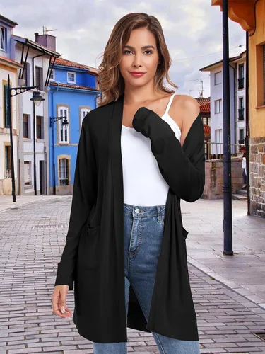 Vista 5 de TownCat Cárdigan ligero para mujer con bolsillo, manga larga, frente abierto, casual, cárdigan suelto para mujer (negro 1, XXL)