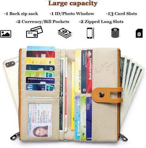 Vista 2 de Cartera para mujer de gran capacidad de piel sintética plegable con bloqueo RFID, tarjetero con bolsillo con cremallera