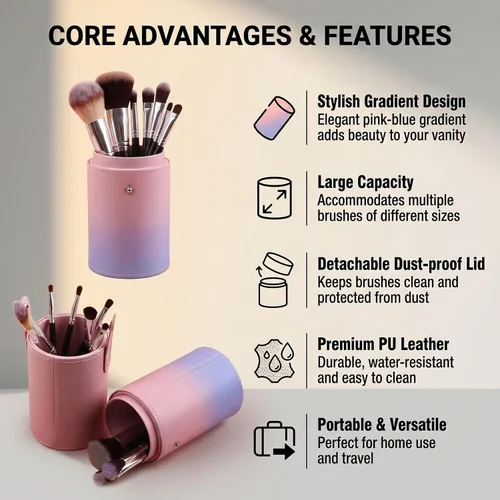 Vista 4 de VASANA Organizador de brochas de maquillaje de piel sintética rosa con tapa, herramientas de maquillaje portátiles, estuche organizador de gran