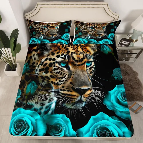 Vista 12 de Erosebridal Juego de sábanas bajeras de rosas rojas y leopardo, tamaño individual, diseño de animales africanos salvajes, diseño de plantas