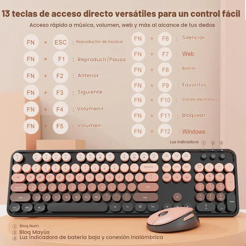 Vista 3 de Combo de teclado y mouse inalámbricos Nowlike, teclado retro de máquina de escribir con teclas redondas, ergonómico de tamaño completo, rojo aurora