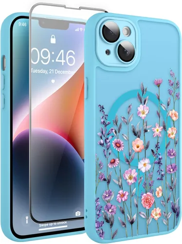 Vista 132 de Magnético para iPhone 13 con protector de pantalla [Compatible con MagSafe] Diseño de patrón floral de flores bonitas, funda delgada a prueba