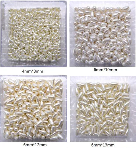 Vista 3 de Cuentas de perlas de imitación, cuentas de joyería de perlas de plástico blanco con agujero recto en forma de gota, cuentas de imitación de perlas