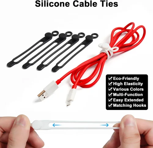 Vista 2 de Kit organizador de cables de 48 piezas, bridas de silicona reutilizables, clips adhesivos fuertes para gestión de cables, gestión de cables