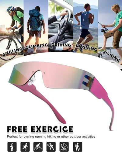Vista 5 de MASDUN Gafas de sol envolventes futuristas sin montura para mujeres y hombres, gafas de sol Cyberpunk con visera