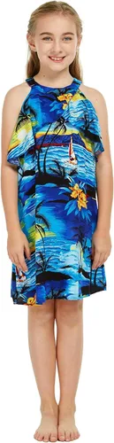 Vista 2 de Ropa de Luau hawaiana a juego para hombres, mujeres, niñas, niños en color azul atardecer, Azul