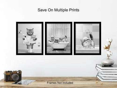 Vista 6 de Arte y decoración de pared de baño de gatos para niños, bonitas imágenes de baño de gatos para mujeres, decoración de baño pequeña, juego de baño