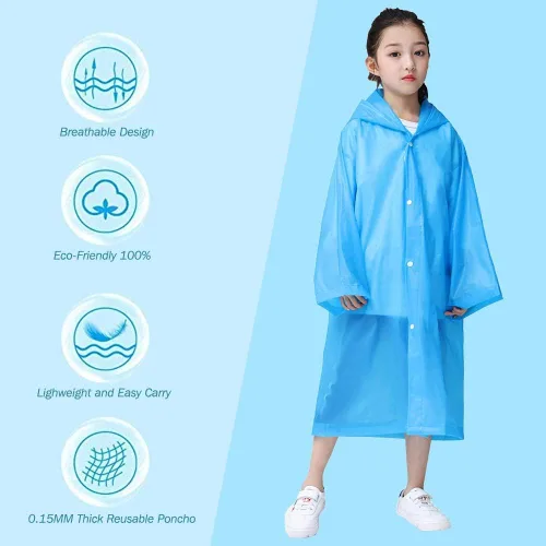 Vista 5 de Poncho de lluvia para niños, impermeable reutilizable de EVA para niños de 6 a 13 años, chaquetas impermeables con capucha