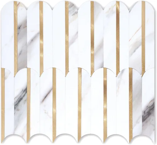Vista 15 de 10 hojas de escamas de pescado para despegar y pegar para azulejos de pared de cocina, 12 pulgadas, mármol marrón, mezcla de metal dorado, azulejos