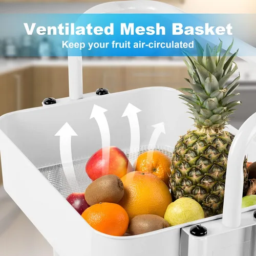 Vista 3 de Homchwell - Carrito de metal con ruedas bloqueables, 3 niveles, organizador multifunción con asa y cesta de malla, para cocina, café, baño u oficina
