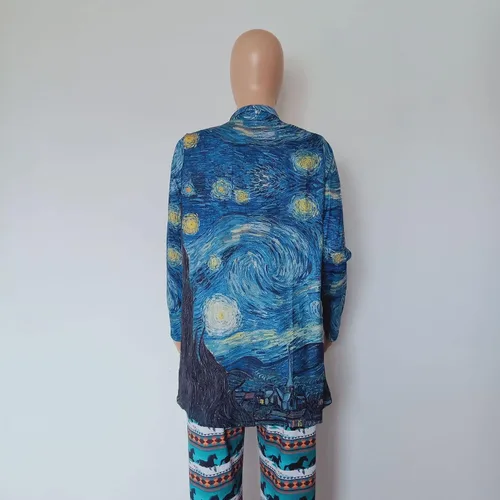 Vista 5 de Camisa de pintura al óleo Van Gogh regalo de noche estrellada para mujer, holgada, casual, de manga larga, ligera y delgada, cárdigan largo